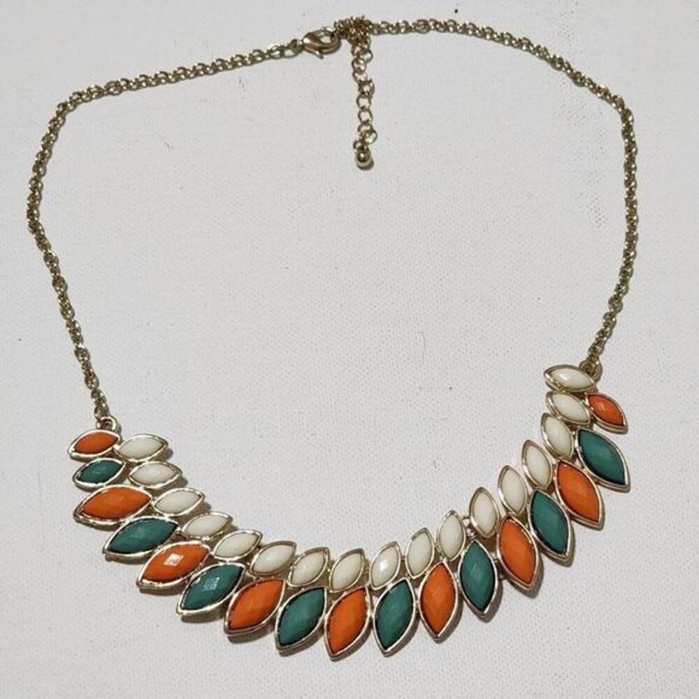 Treska Gold Tone Orange Teal Cream Marquise Stone Bib Statement Necklace 20 Inch
